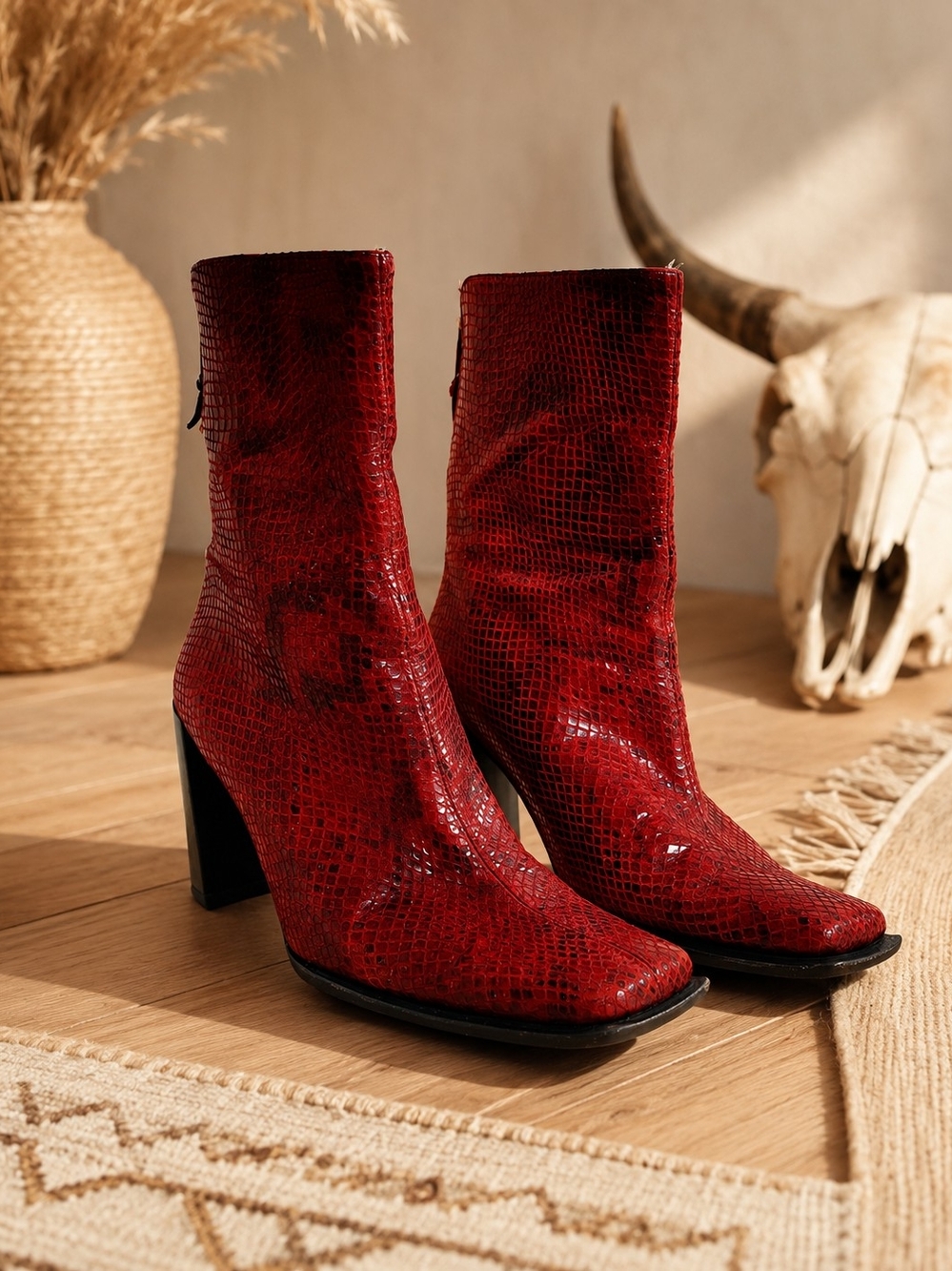 Vintage Stuart Weitzman Red Reptile-Textured Ankle Boots –Size 6 – Made in Spain
